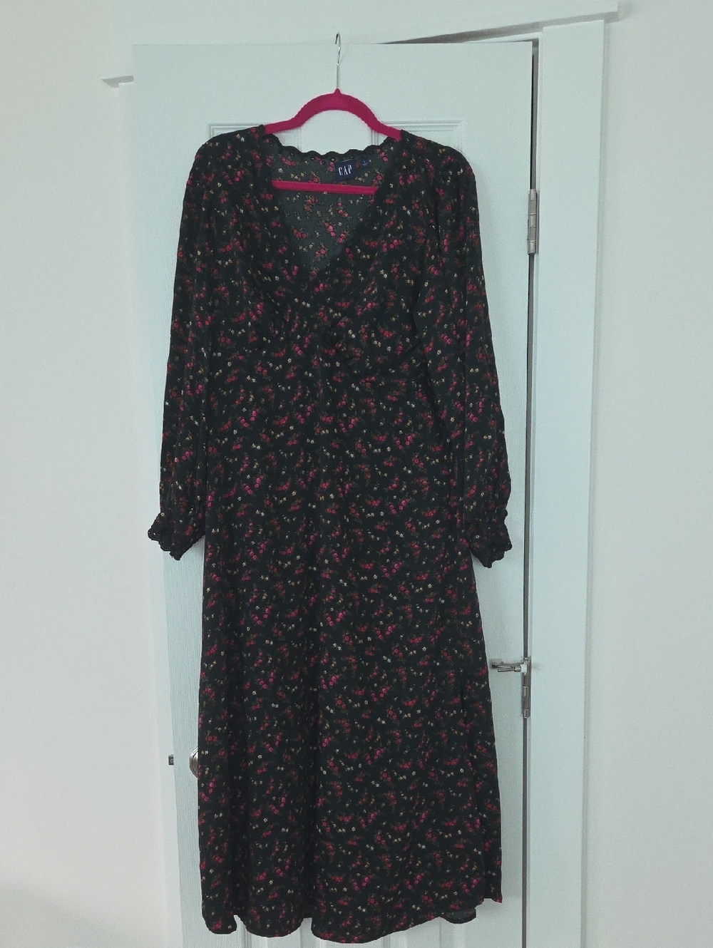 GAP Black Long Sleeve Midi Dress with Pink Floral Print
